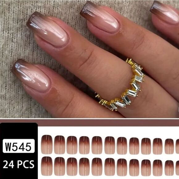 24pcs Square Press On Nails Medium White, Brown French Fake Nails - Picture 6 of 10
